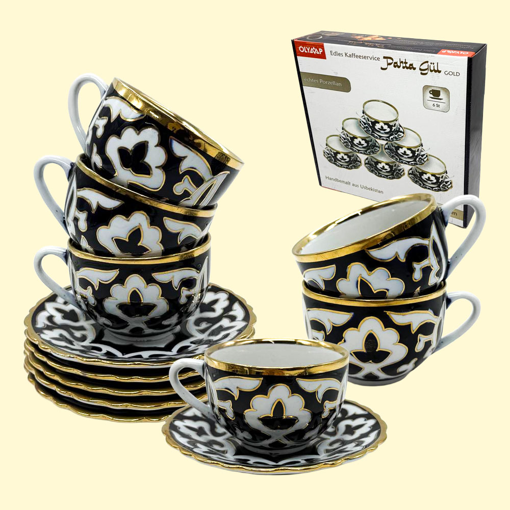 Service Pahta Gul 12 tlg, 6 Tassen + 6 Untertassen, weiß-blau-gold, Usbekistan : Online Shop